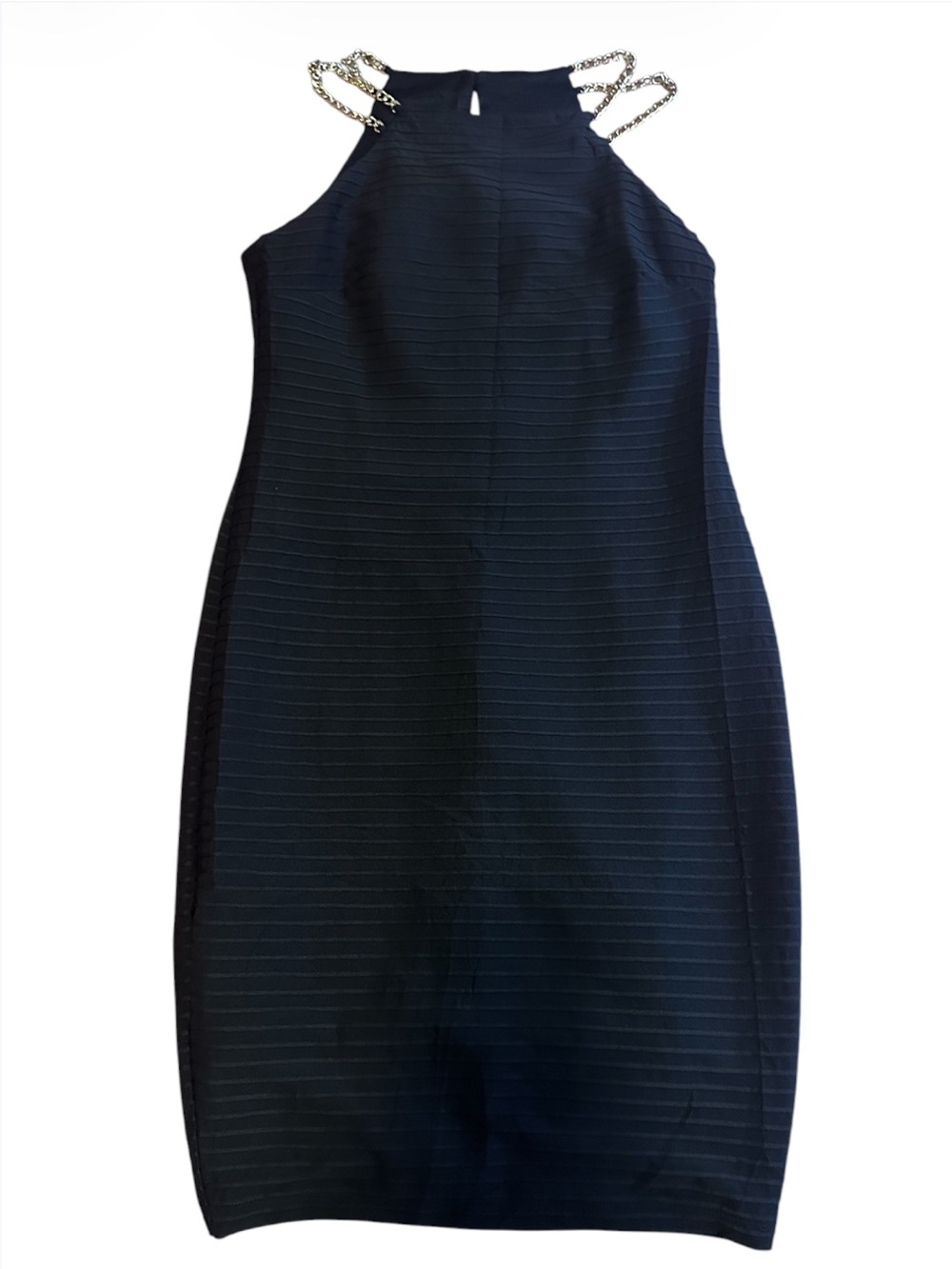 Bisou Bisou Y2K Black Halter Bodycon Dress Silver Chain Straps Size 8